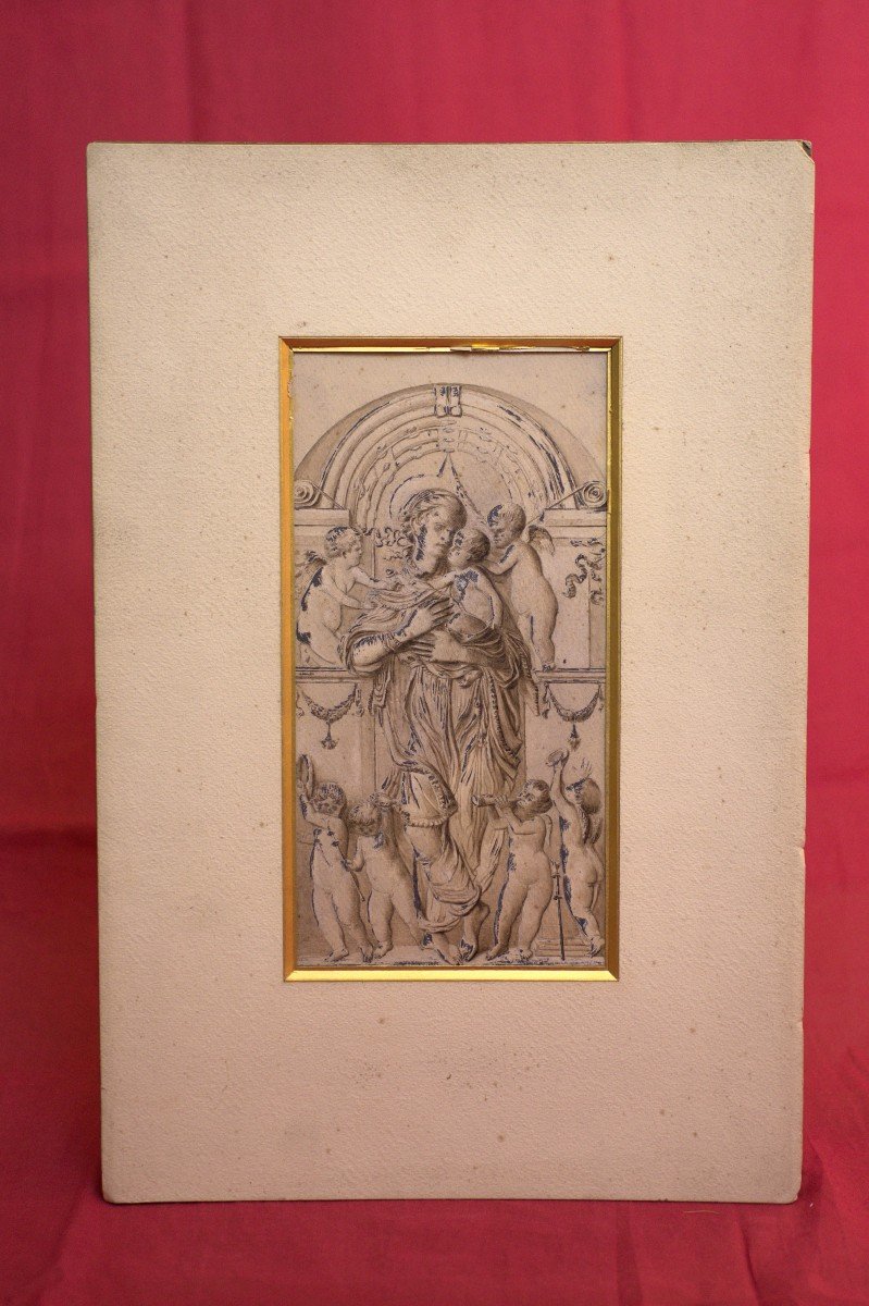 Dessin Vierge à l'Enfant Et Angelots - Lavis - Deux Encres - XVIIIe Siècle 18e - Louis XVI-photo-2