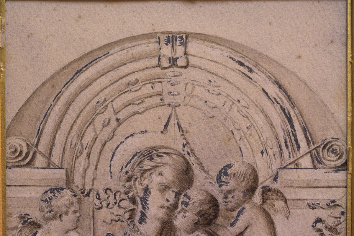 Drawing Madonna And Child With Cherubs - Washing - Two Inks - 18th Century - Louis XVI-photo-1