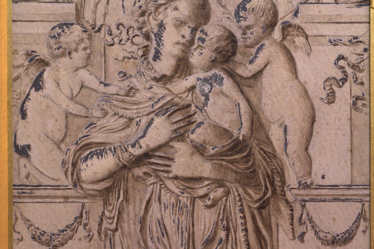 Drawing Madonna And Child With Cherubs - Washing - Two Inks - 18th Century - Louis XVI-photo-2