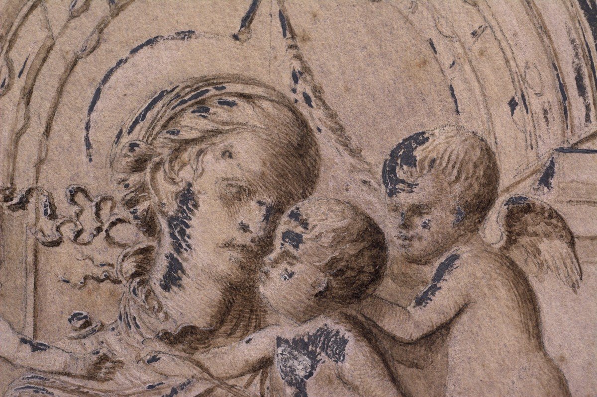Dessin Vierge à l'Enfant Et Angelots - Lavis - Deux Encres - XVIIIe Siècle 18e - Louis XVI-photo-5