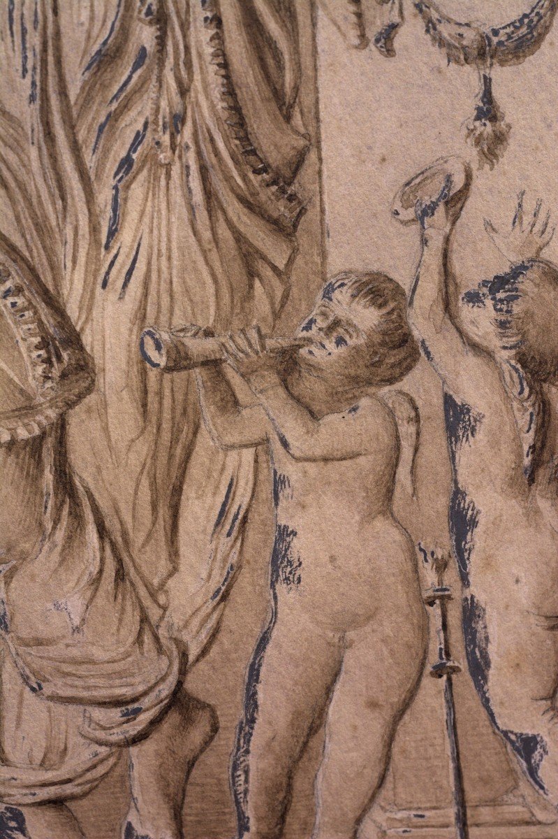 Drawing Madonna And Child With Cherubs - Washing - Two Inks - 18th Century - Louis XVI-photo-6