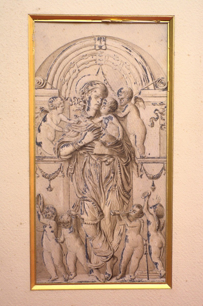 Dessin Vierge à l'Enfant Et Angelots - Lavis - Deux Encres - XVIIIe Siècle 18e - Louis XVI