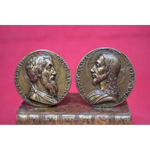 2x Bronze Plaquette - Christ And Saint Paul - 16th Century Renaissance Haute Epoque 16