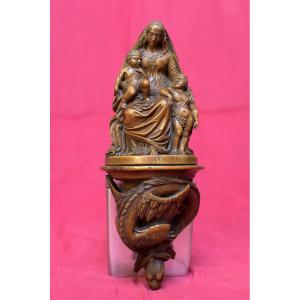 Madonna And Child With John The Baptist - Dragon - Wooden Statuette - 19th Century 19