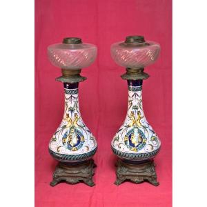 Paire Grandes Lampes à Pétrole - Décor Renaissance Gien - Faience & Bronze - XIXe 19e Siècle 19