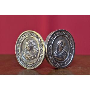 Medallion For Reliquary - Sterling Silver - 19th Century - Christ & Virgin - Religious 19