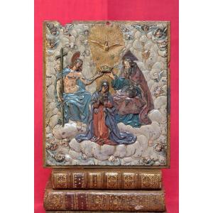 Polychrome Lead Plaquette - The Coronation Of The Virgin - 17th Century 17 Haute Epoque