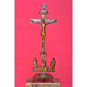 Calvary Crucifix - Brass - 17th Century - Christ Cross Religion Haute Epoque Sculpture 17