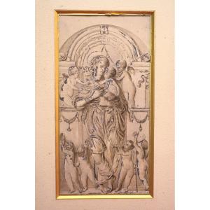 Dessin Vierge à l'Enfant Et Angelots - Lavis - Deux Encres - XVIIIe Siècle 18e - Louis XVI