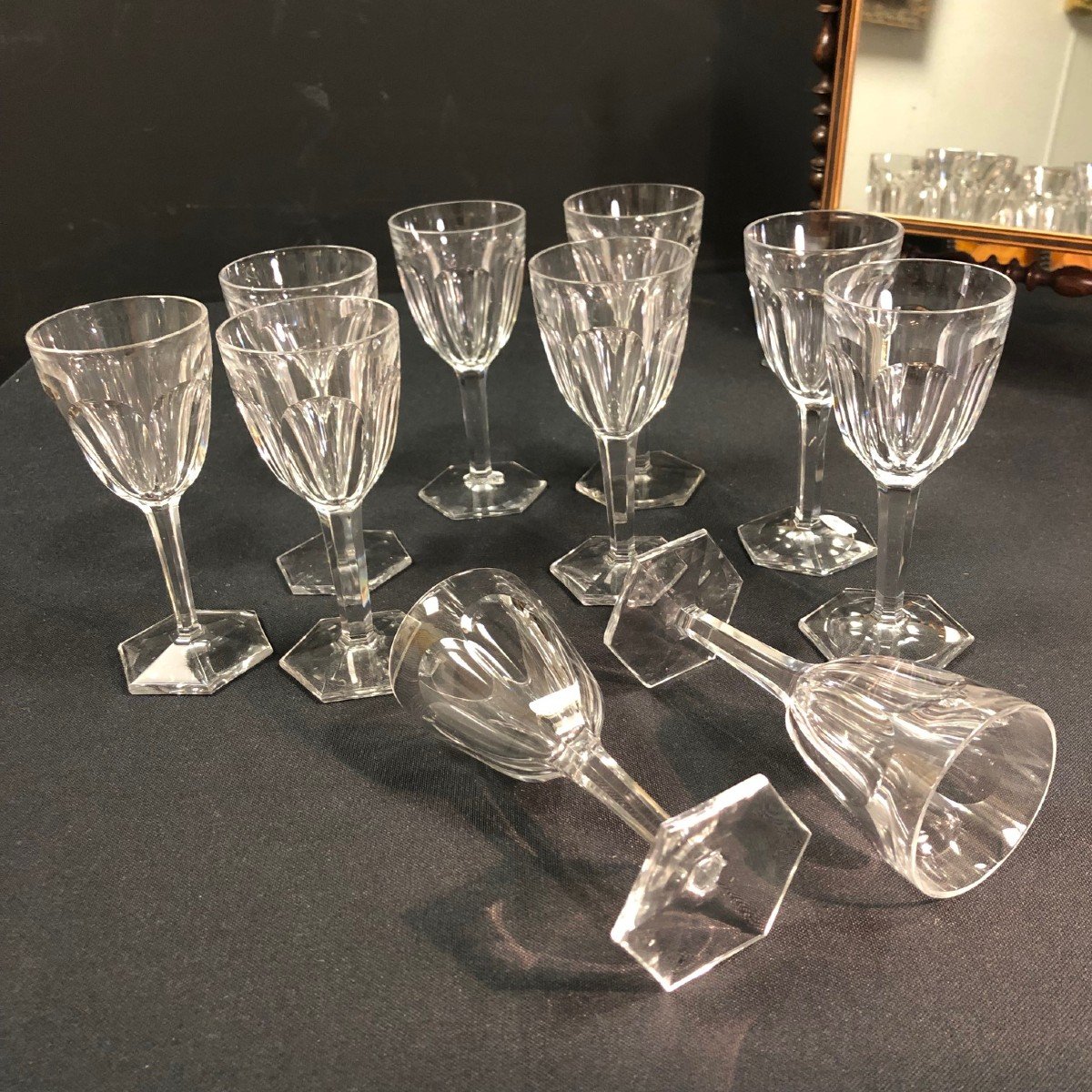 10 Crystal White Wine Glasses Attributed To Baccarat, Compiègne Model-photo-2