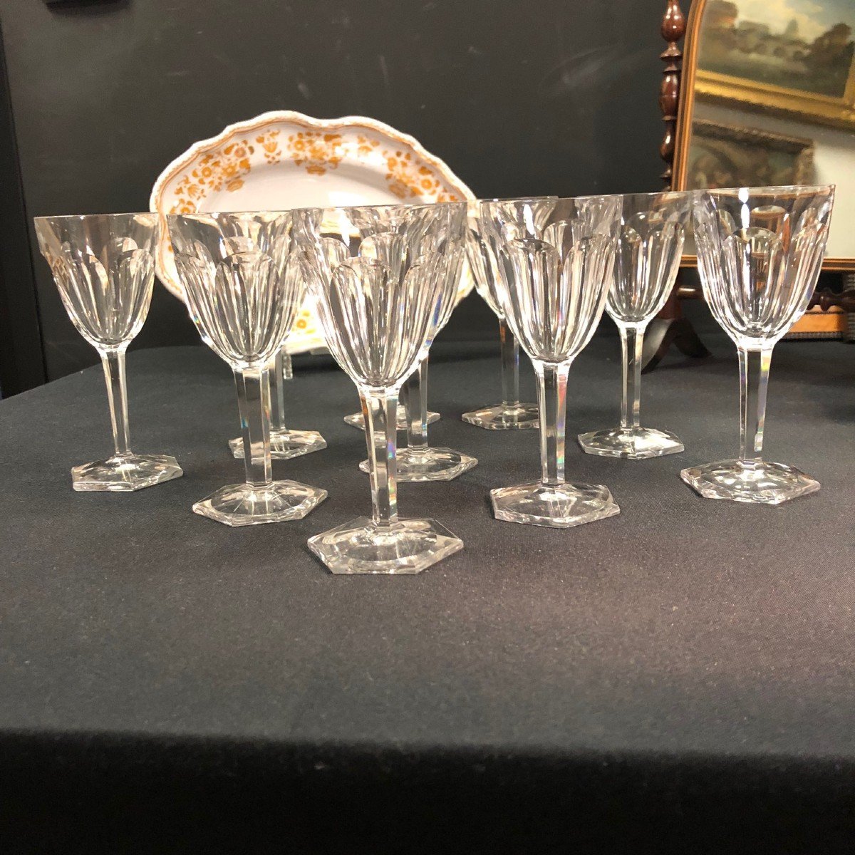 10 Crystal White Wine Glasses Attributed To Baccarat, Compiègne Model-photo-6