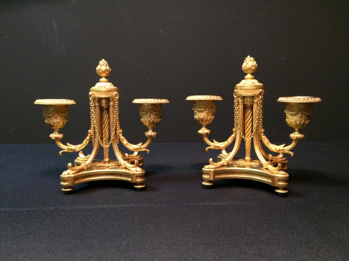 Pair Of Candlesticks With Double Arm Of Light In Gilded Bronze-photo-2