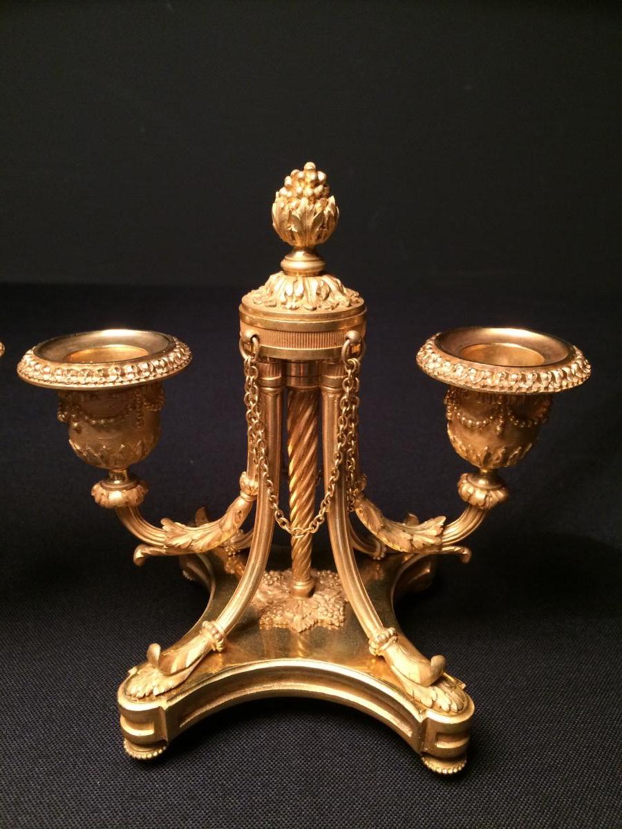 Pair Of Candlesticks With Double Arm Of Light In Gilded Bronze-photo-3