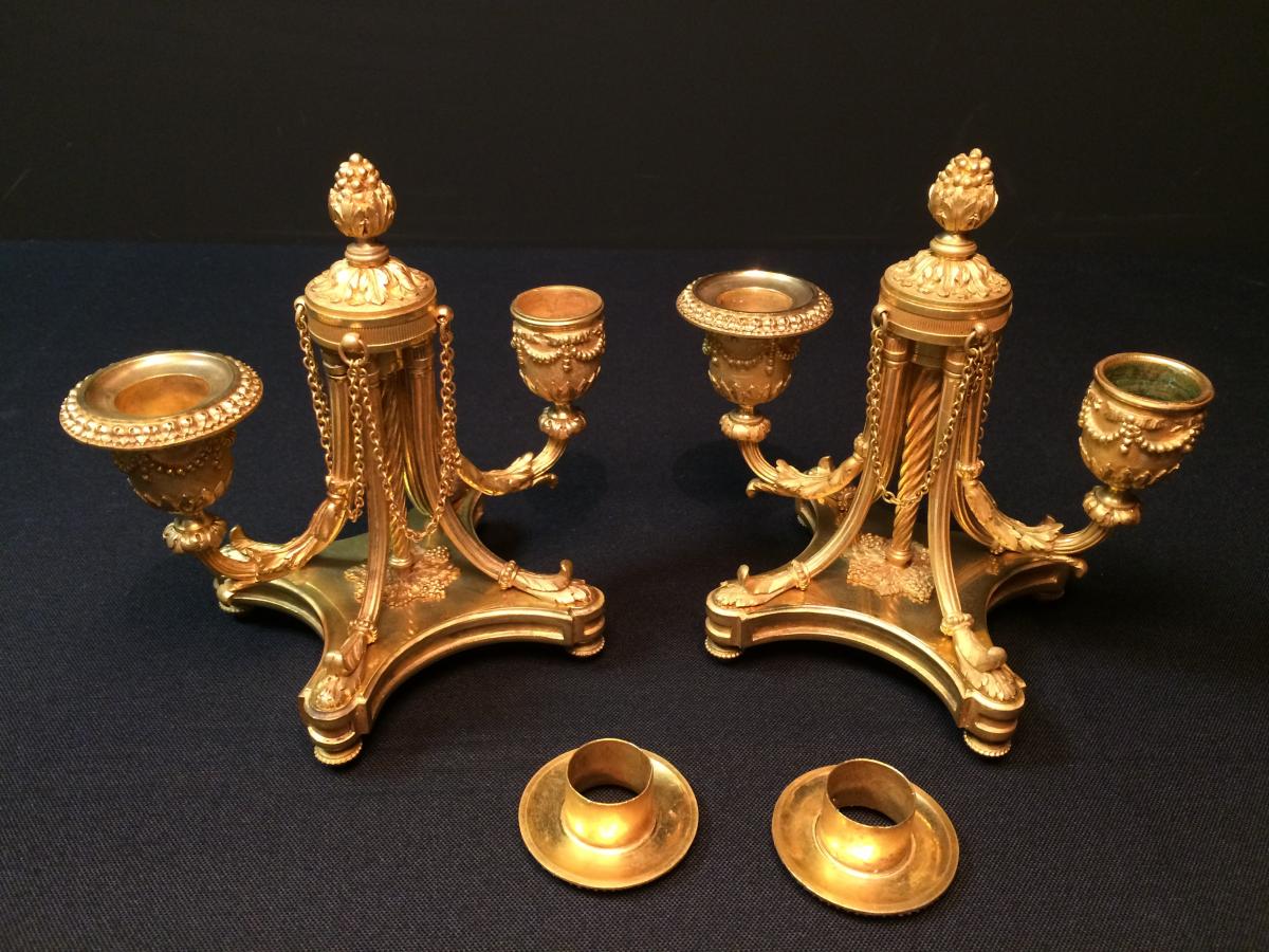Pair Of Candlesticks With Double Arm Of Light In Gilded Bronze-photo-2