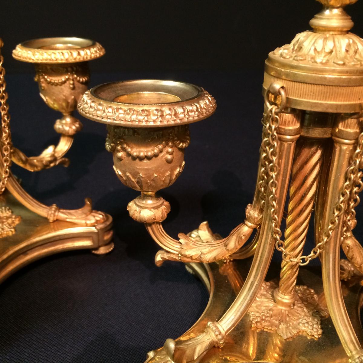 Pair Of Candlesticks With Double Arm Of Light In Gilded Bronze-photo-4