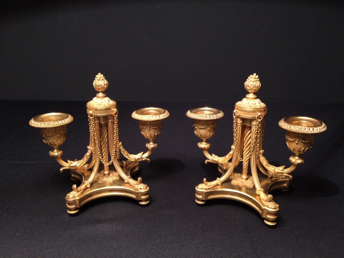 Pair Of Candlesticks With Double Arm Of Light In Gilded Bronze-photo-7