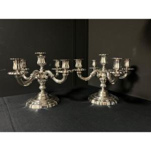 Pair Of Candlesticks With 5 Arms Of Light In Silver Metal