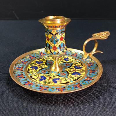 Candle Holder In Enamel Cloisonné Signed F. Barbedienne