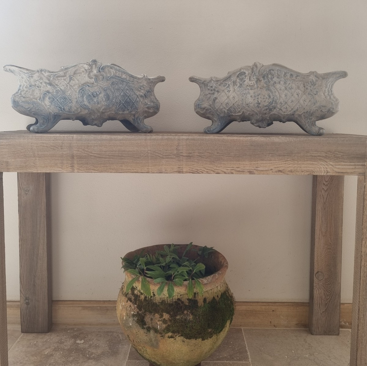 Pair Of Enamelled Cast-iron Planters.