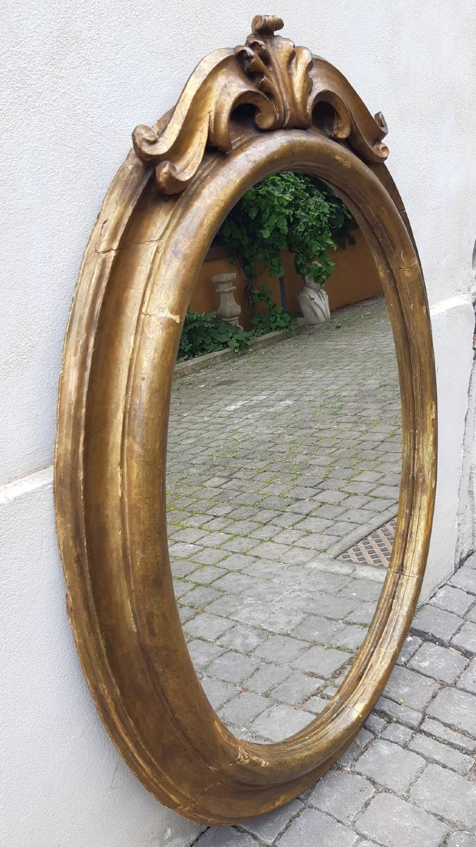 Antique Neapolitan Oval Mirror From The 18th Century With Cornice-photo-4