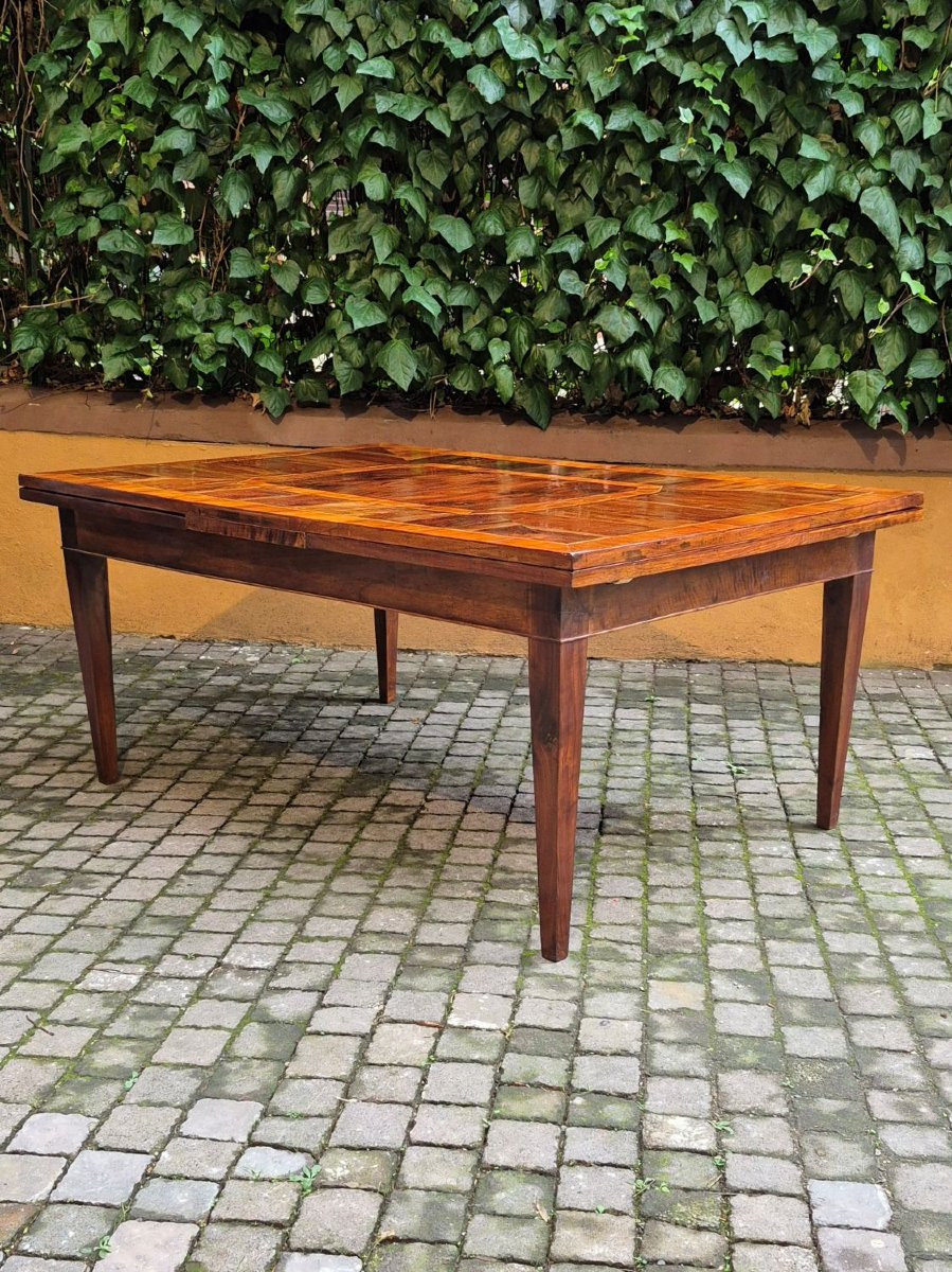 Grande table extensible Emilian, plaquée et filetée-photo-6