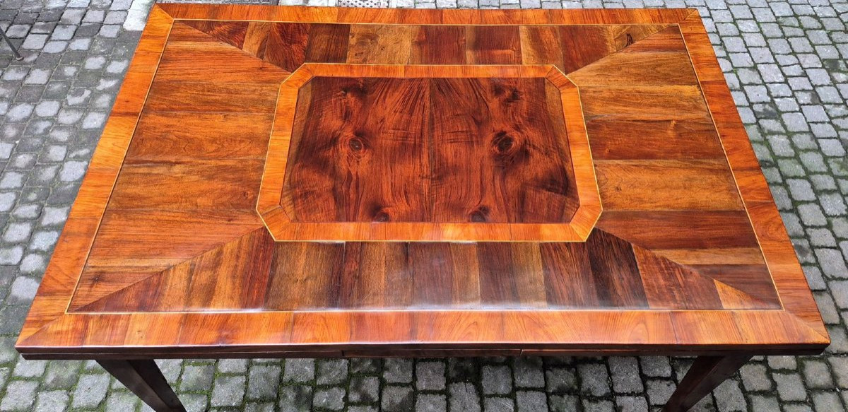 Grande table extensible Emilian, plaquée et filetée-photo-8