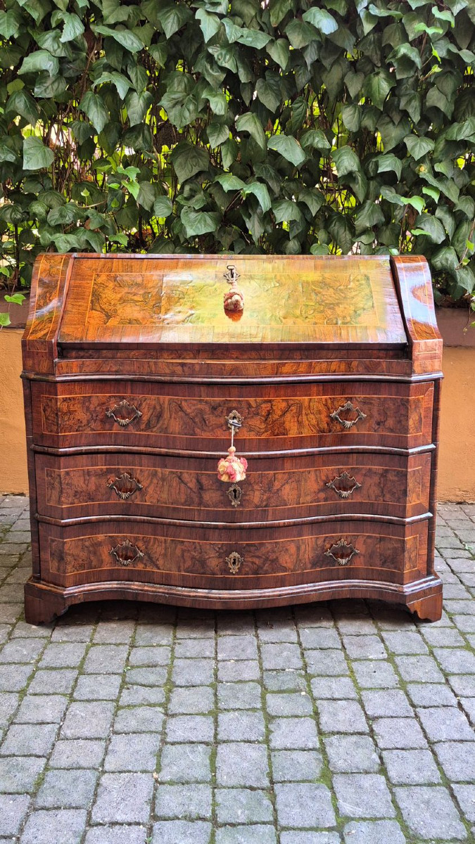 Bureau ancien de style Louis XV vénitien en noyer et racine de bruyère
