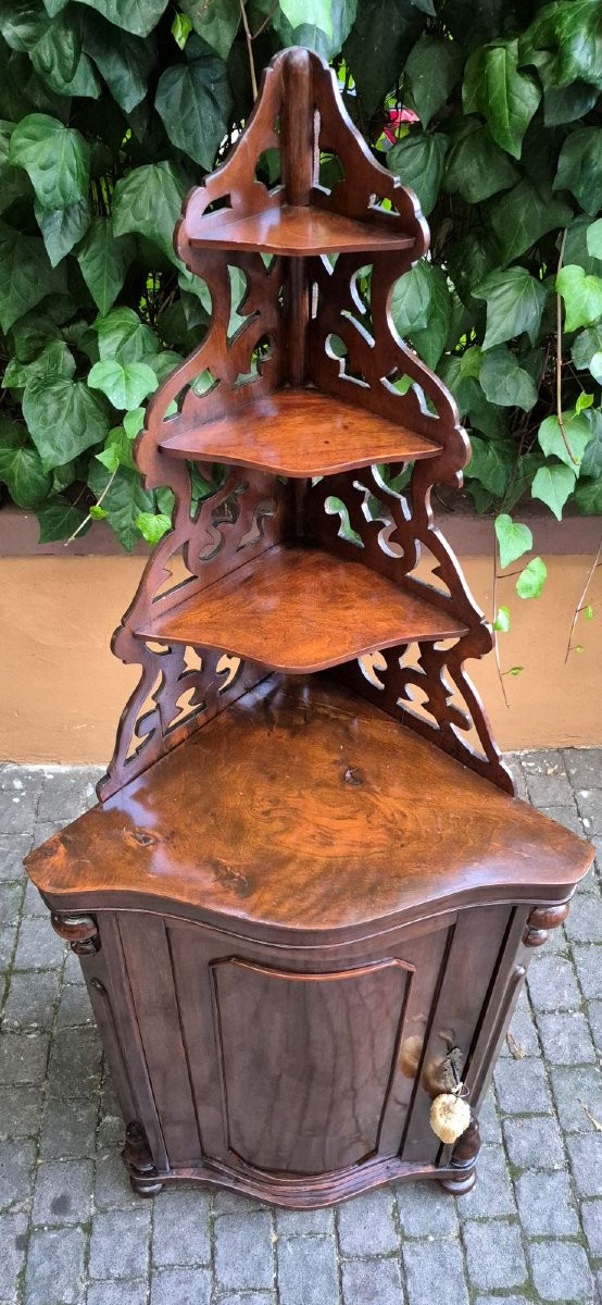 Antique Curved Corner Cabinet In Walnut With Etagere-photo-2