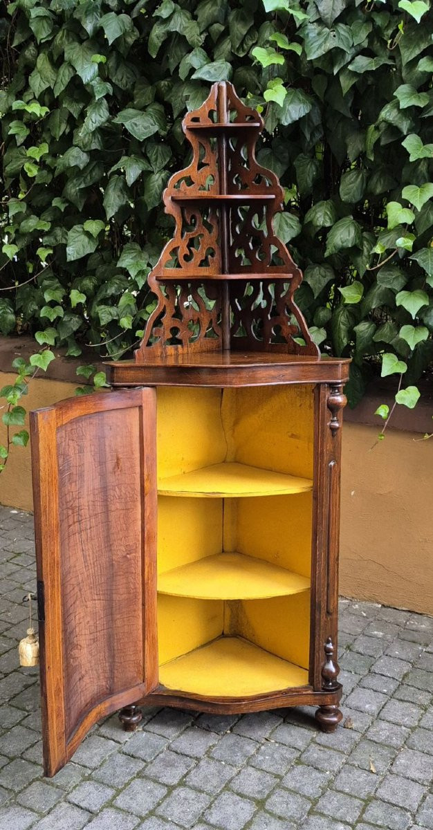 Antique Curved Corner Cabinet In Walnut With Etagere-photo-3