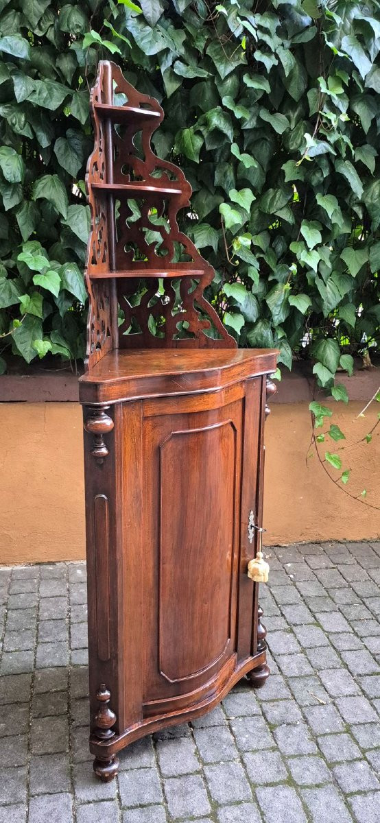 Antique Curved Corner Cabinet In Walnut With Etagere-photo-2