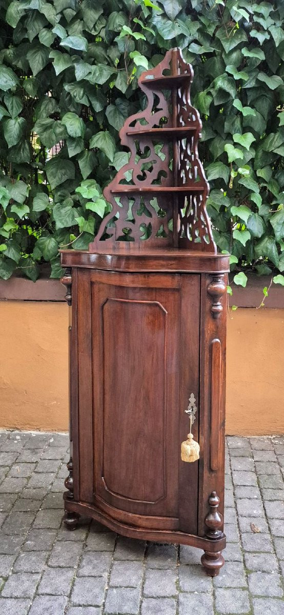 Antique Curved Corner Cabinet In Walnut With Etagere-photo-4