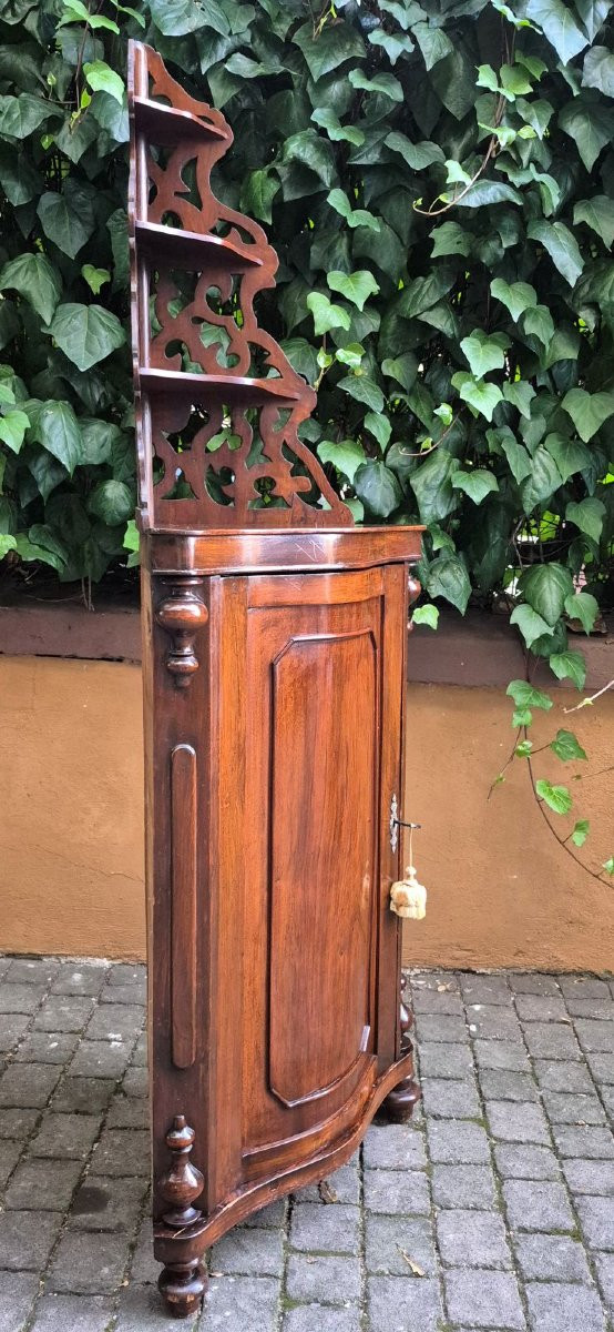 Antique Curved Corner Cabinet In Walnut With Etagere-photo-5