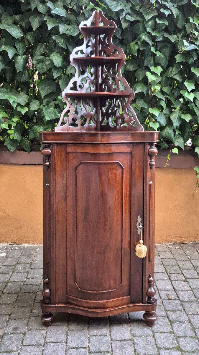 Antique Curved Corner Cabinet In Walnut With Etagere