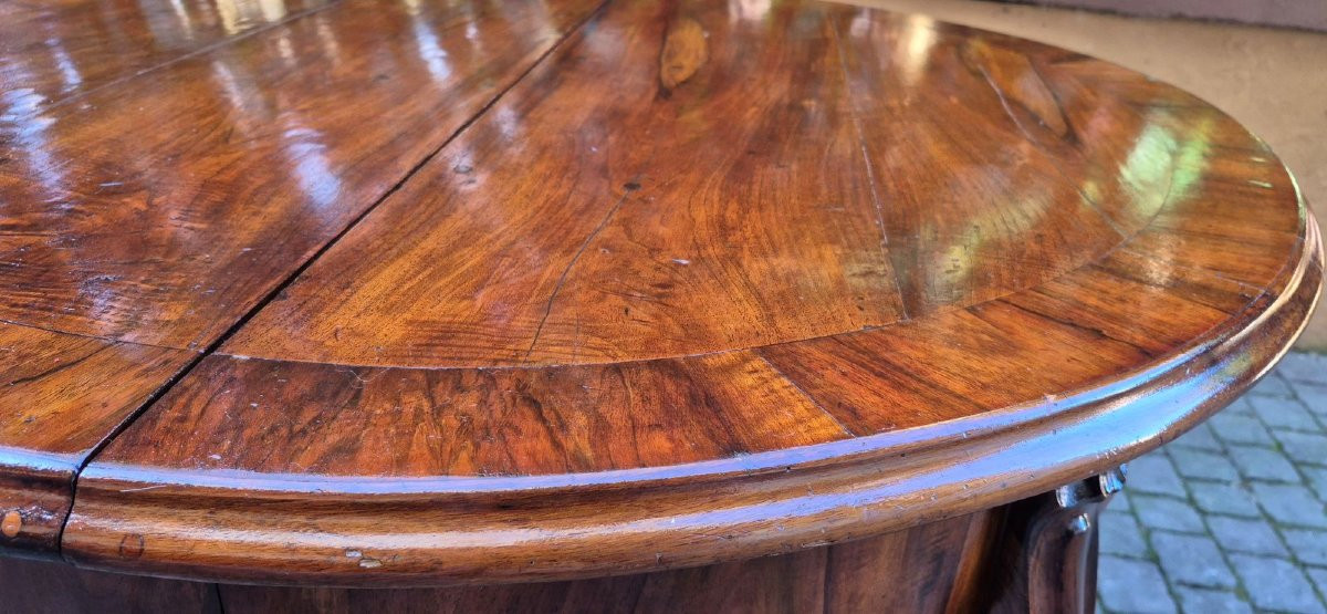 Tavolo Tondo Antico Allungabile 4 Mt In Noce Dell'800-photo-2
