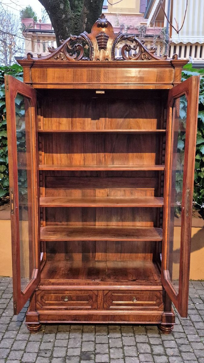 Bibliothèque vitrine ancienne de style Louis-Philippe en placage de noyer-photo-4