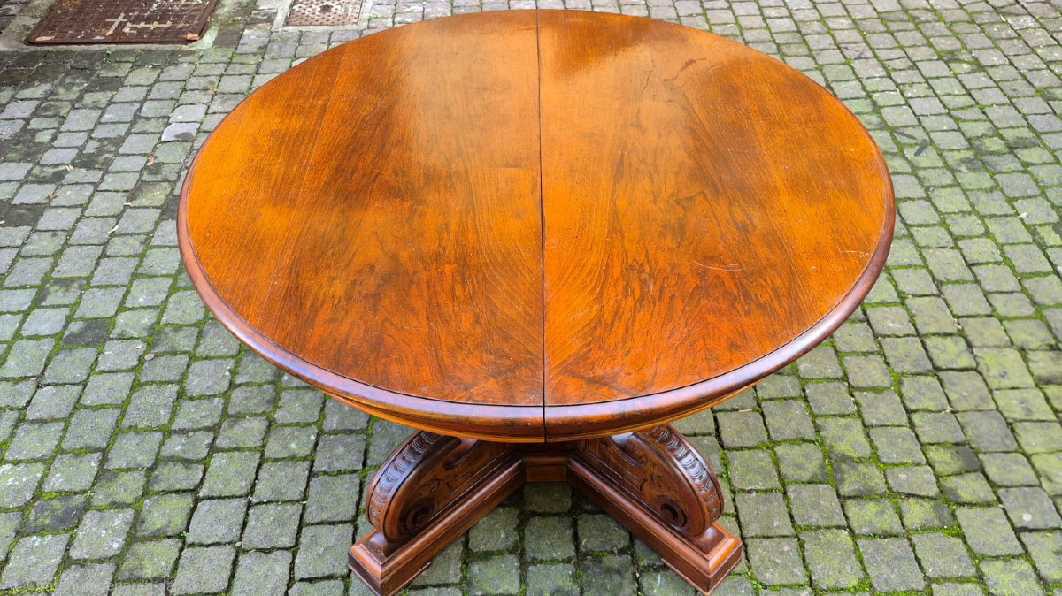 Extendable Antique Round Walnut Table, 2.7 M