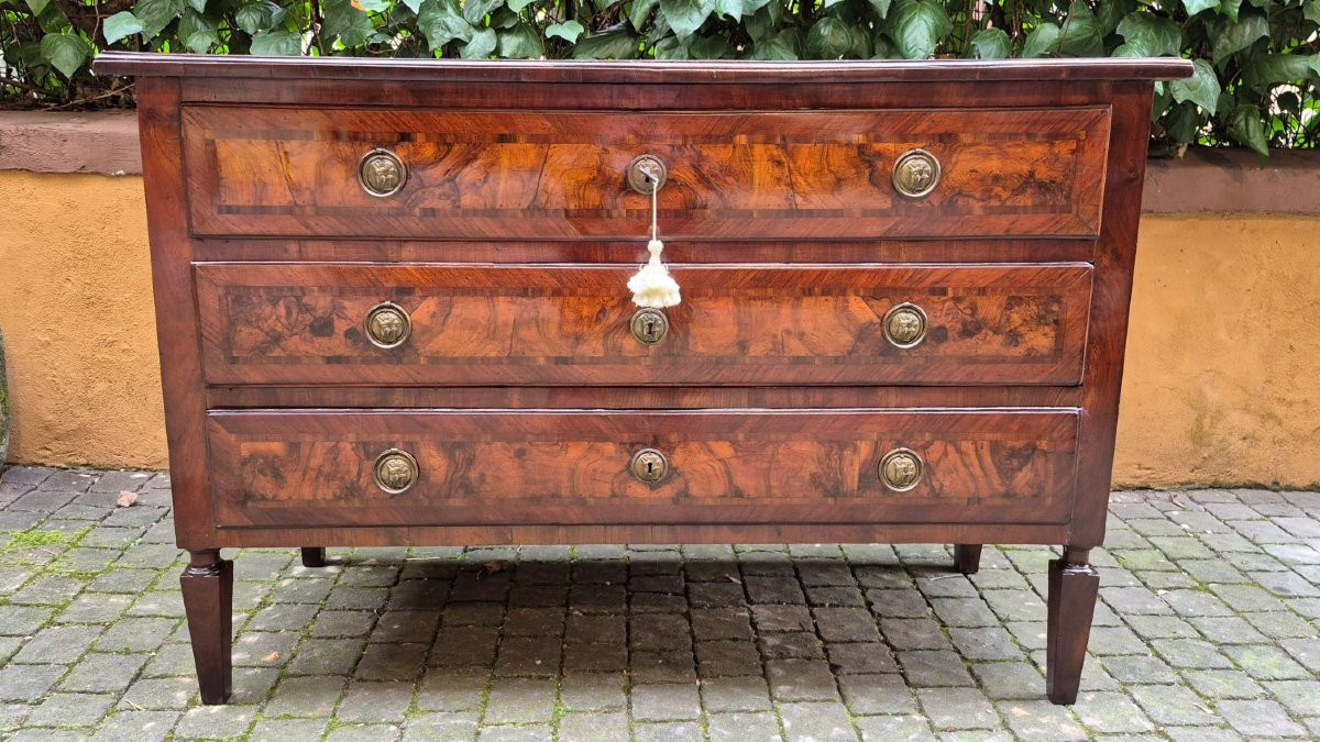 Antique Louis XVI Chest Of Drawers From Emilia, Veneered And Threaded-photo-2