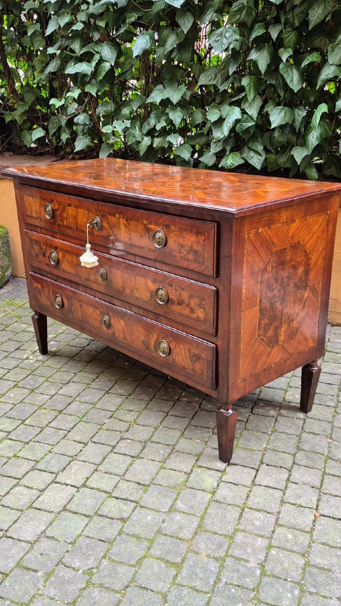 Antique Louis XVI Chest Of Drawers From Emilia, Veneered And Threaded-photo-4