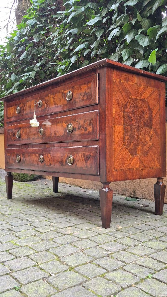 Antique Louis XVI Chest Of Drawers From Emilia, Veneered And Threaded-photo-6