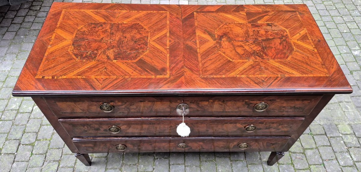 Antique Louis XVI Chest Of Drawers From Emilia, Veneered And Threaded-photo-8