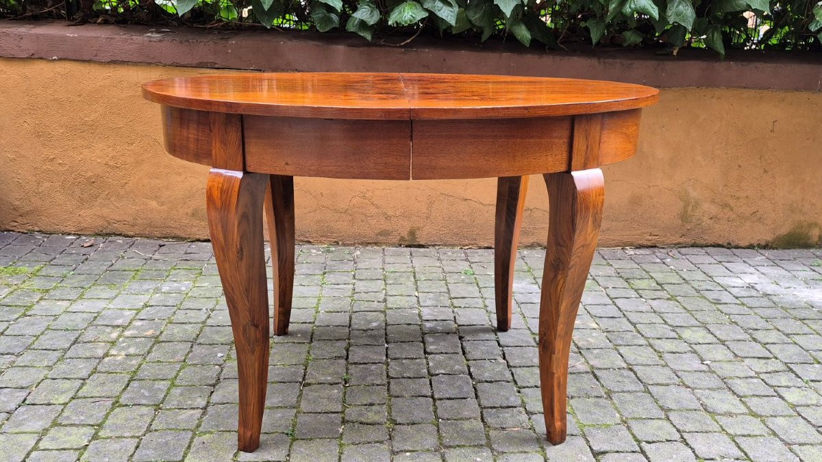 Table ovale extensible ancienne en loupe de noyer-photo-3
