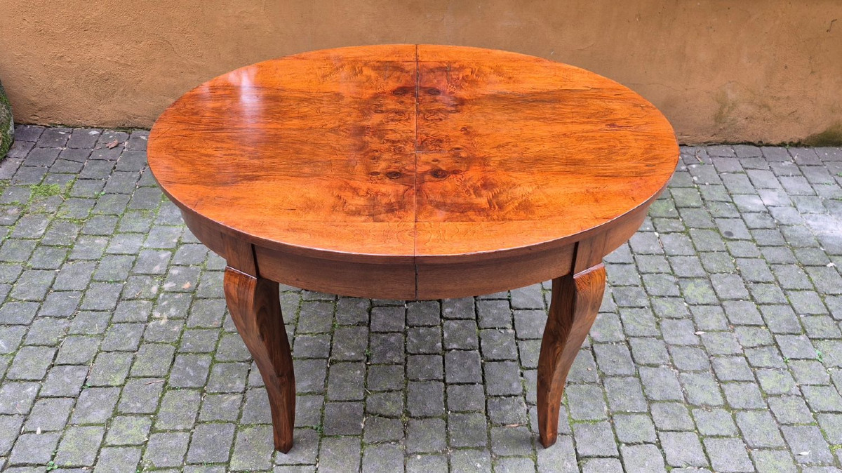 Table ovale extensible ancienne en loupe de noyer