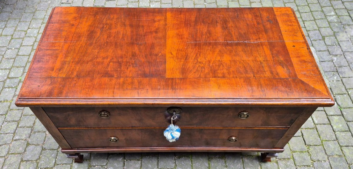 Commode ancienne à deux tiroirs en placage de noyer et de bruyère-photo-5