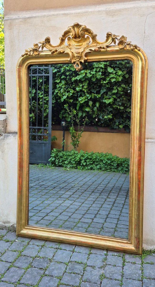 Miroir ancien en bois doré avec motif de scorpion au dos-photo-1