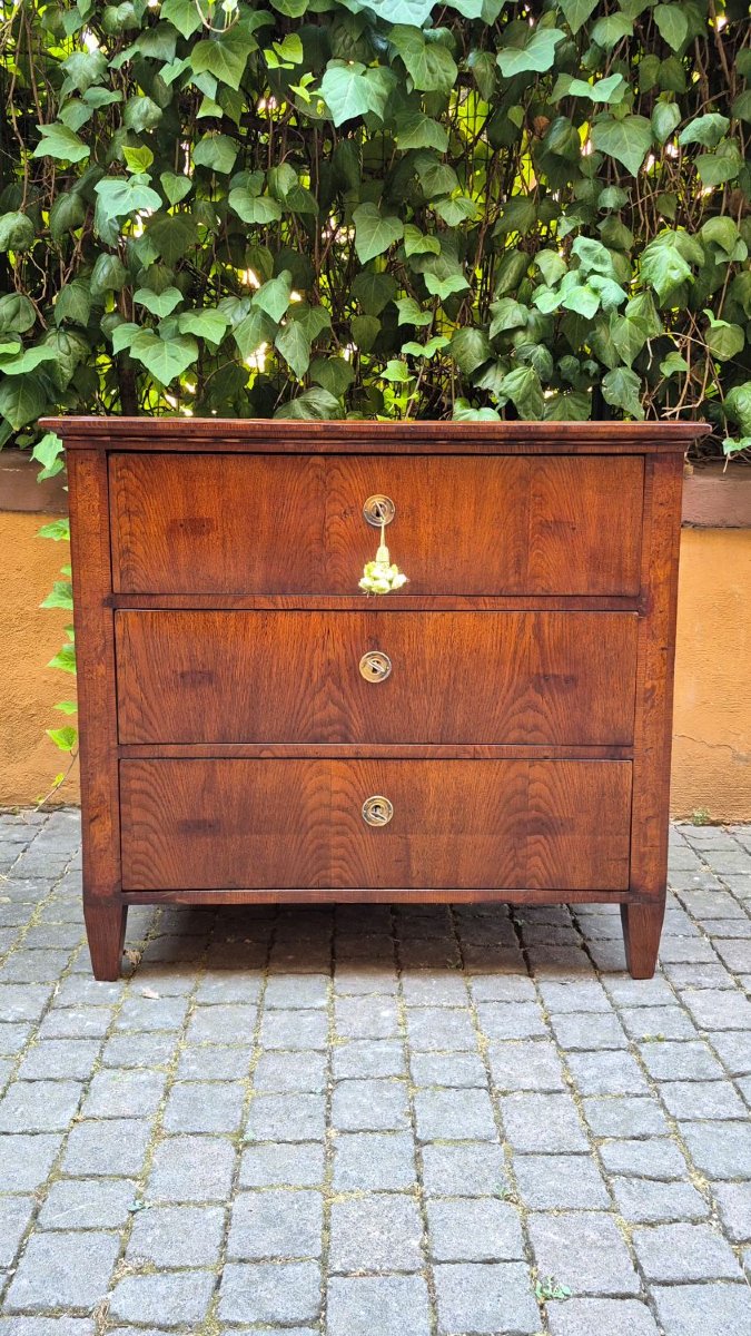 Petite commode ancienne du XIXe siècle en placage, de style Louis XVI.-photo-2