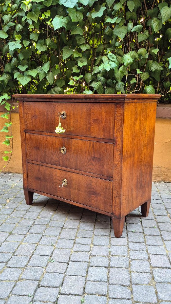 Petite commode ancienne du XIXe siècle en placage, de style Louis XVI.