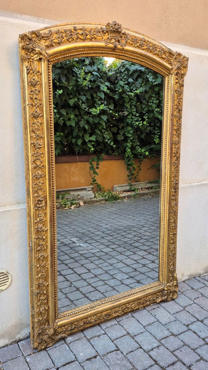 Miroir ancien doré du XIXe siècle avec couronnement en arcade-photo-2