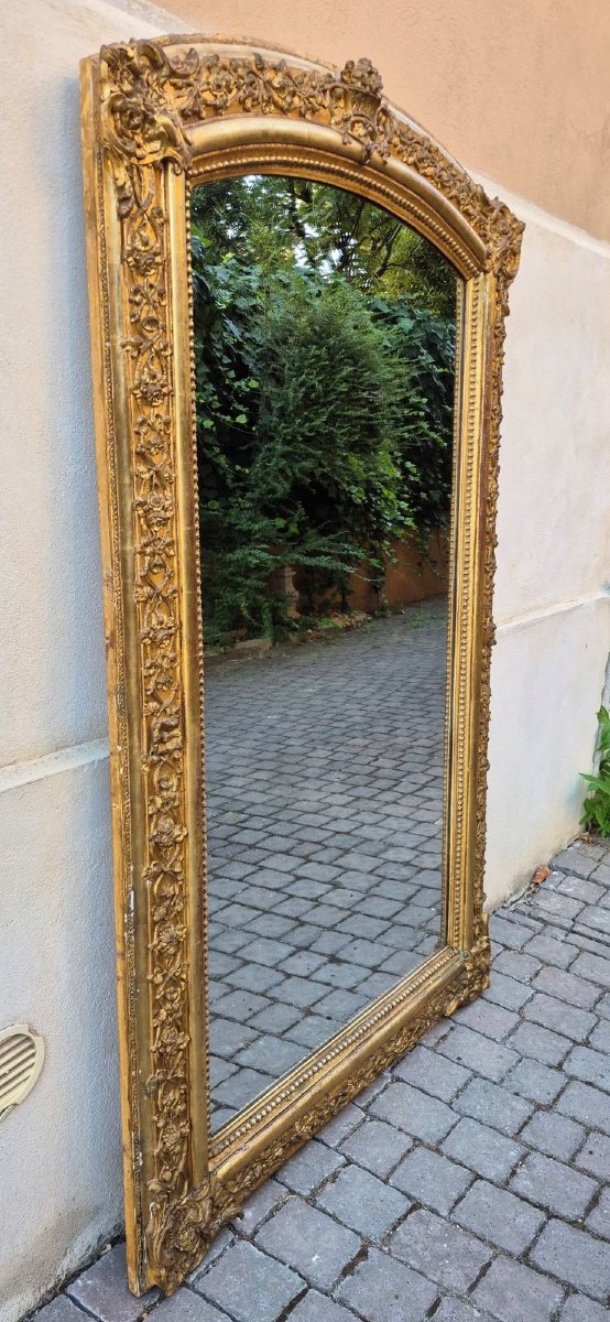 Miroir ancien doré du XIXe siècle avec couronnement en arcade-photo-3