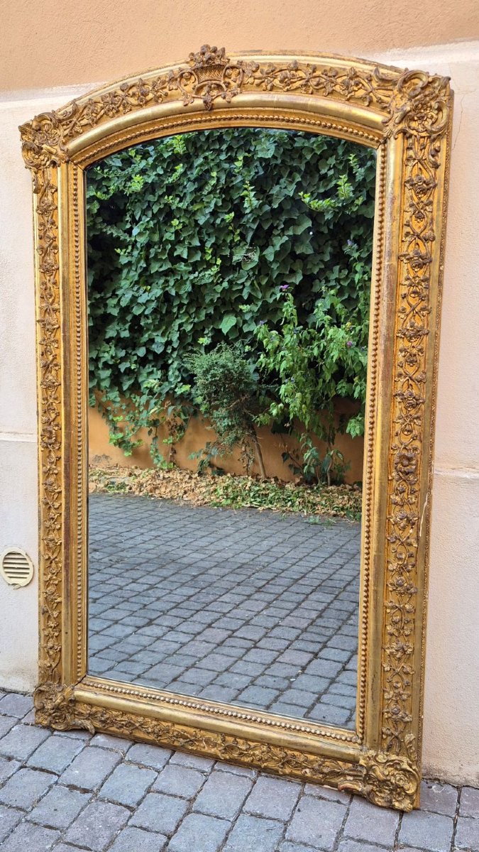 Miroir ancien doré du XIXe siècle avec couronnement en arcade-photo-4