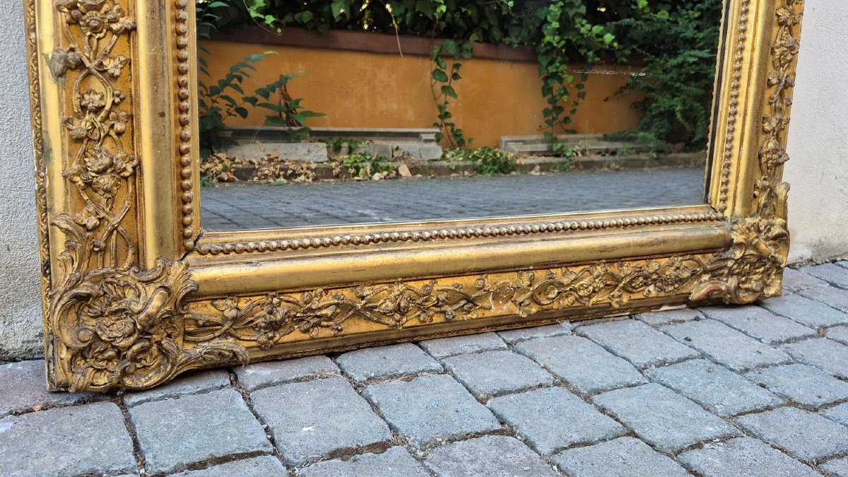 Miroir ancien doré du XIXe siècle avec couronnement en arcade-photo-2